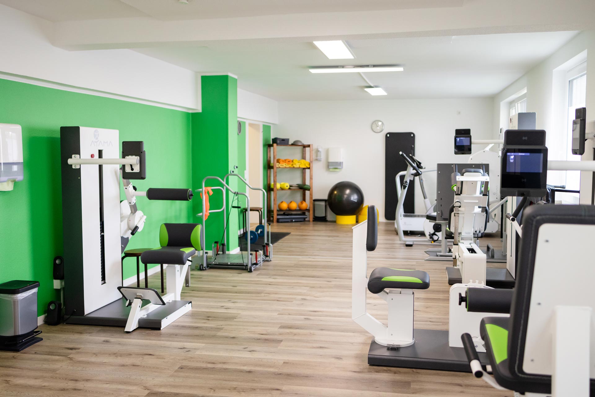 Leeres Fitnessstudio mit grünen Wänden, helles Holz, moderne Geräte und Bälle